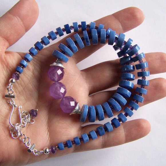 Sterling Silver MAGNESITE AMETHYST CHALCEDONY Necklace Heishi Choker Adjustable - Picture 3 of 16